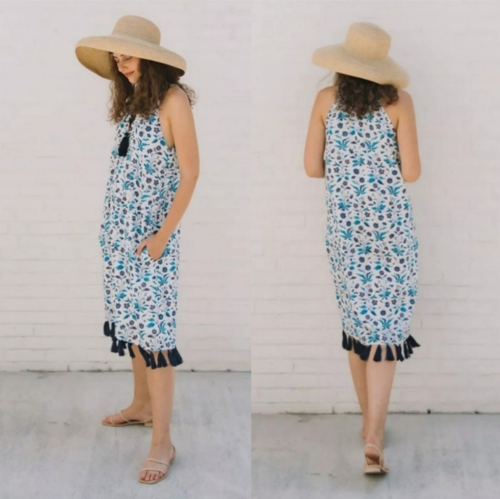 NWT Voloshin Paradise Tassel Boho Floral Shift Dress Blue White Small - Picture 3 of 8